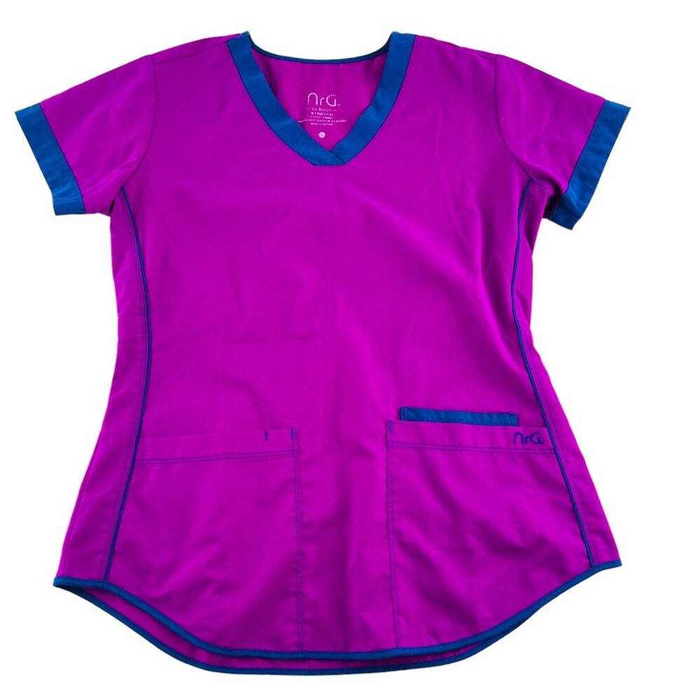 NRG By Barco Scrub Top Womens Small Fitted Pockets Pink with blue Trim Stretch